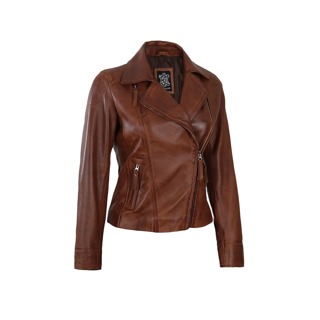 Women's Asymmetrical Cognac Brown Leather Jacket