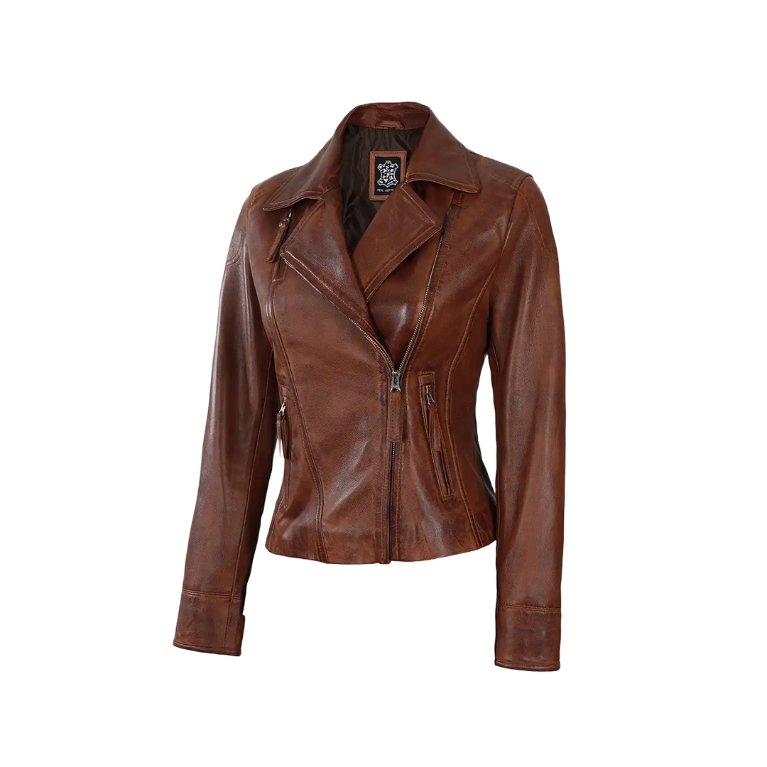 Women's Asymmetrical Cognac Brown Leather Jacket