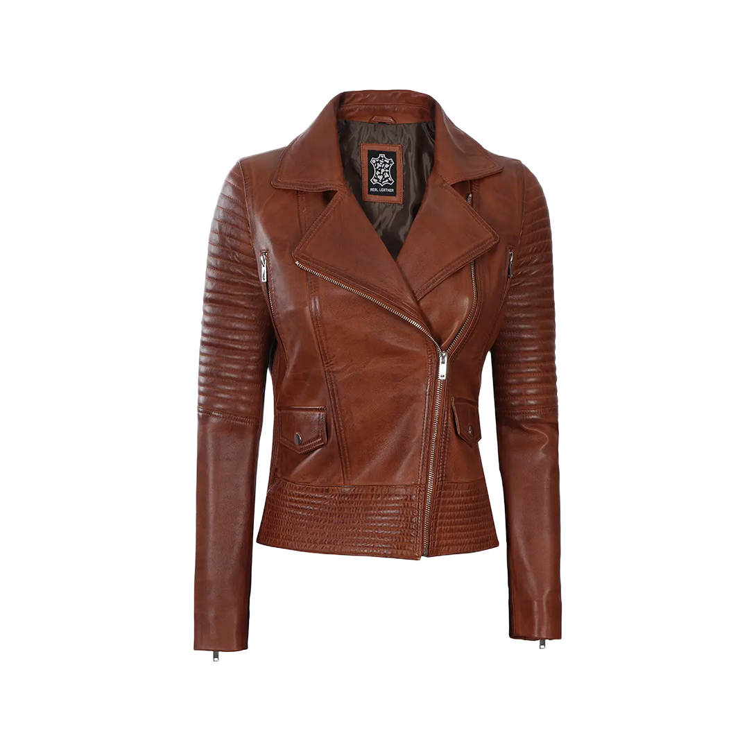 Women's Asymmetrical Cognac Wax Biker Leather Jacket