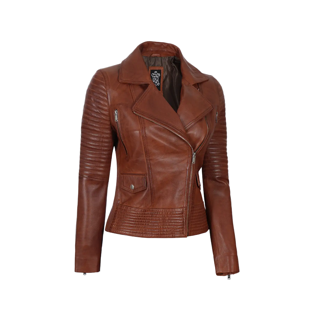 Women's Asymmetrical Cognac Wax Biker Leather Jacket