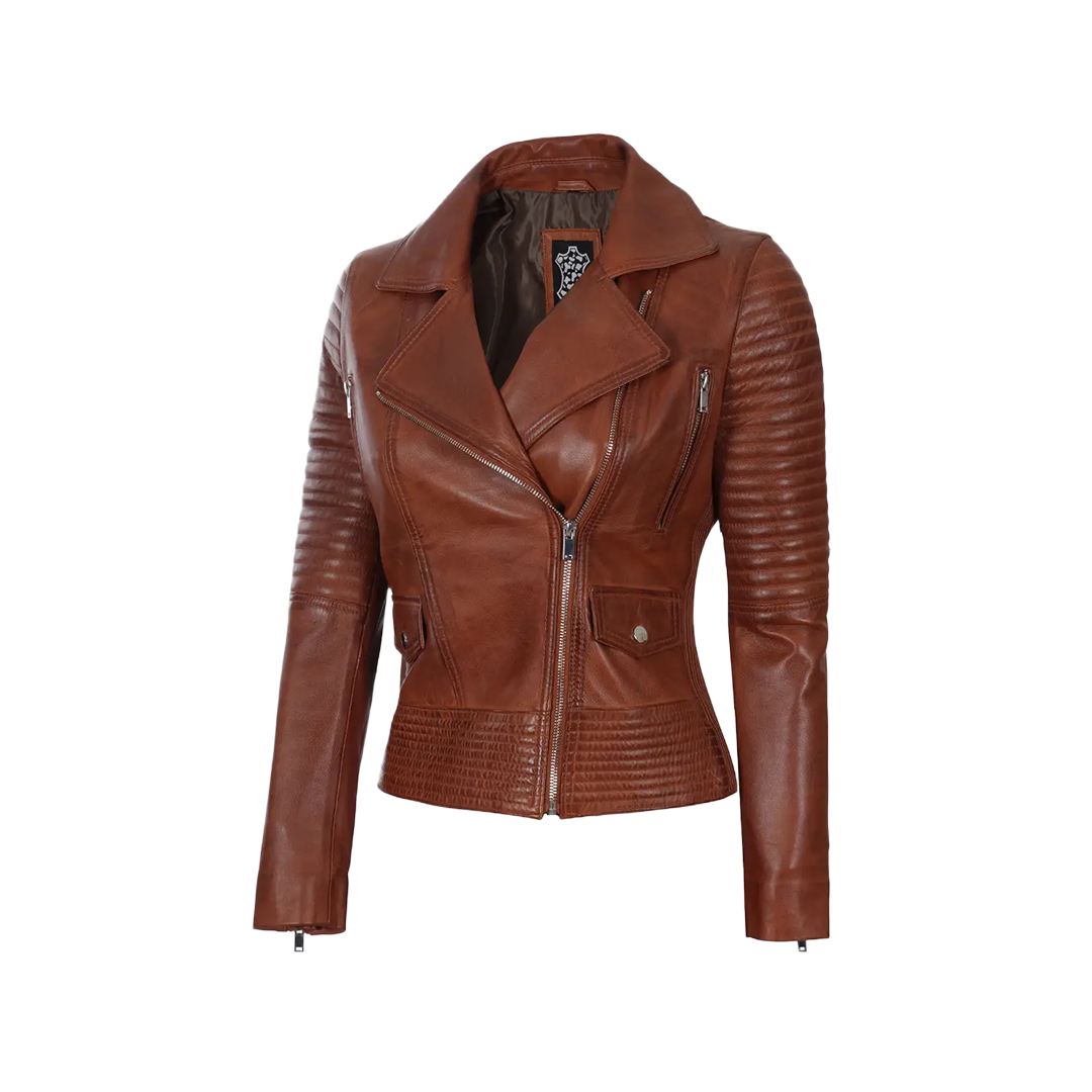 Women's Asymmetrical Cognac Wax Biker Leather Jacket