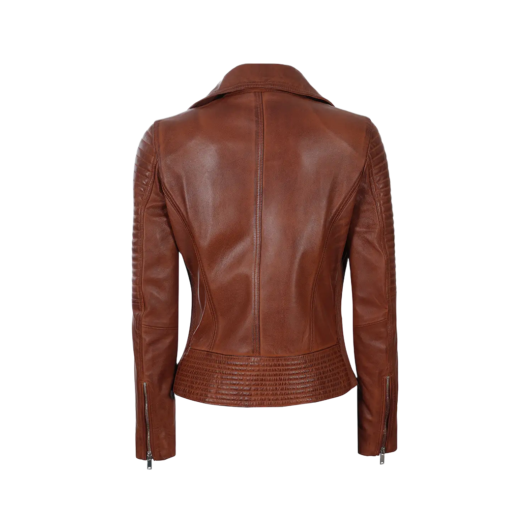 Women's Asymmetrical Cognac Wax Biker Leather Jacket