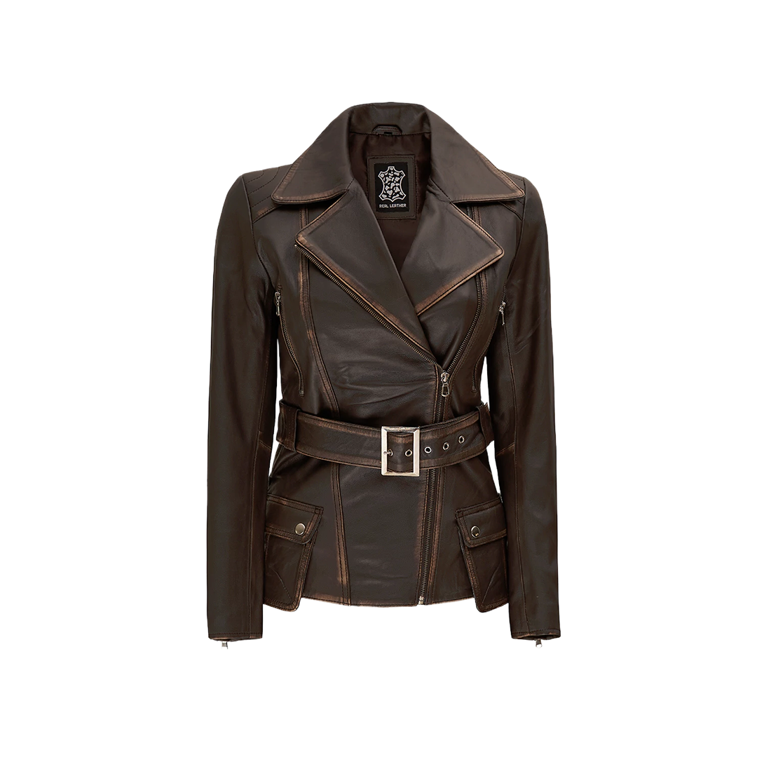 Women's Asymmetrical Distressed Vintage Brown Belted Leather Jacket