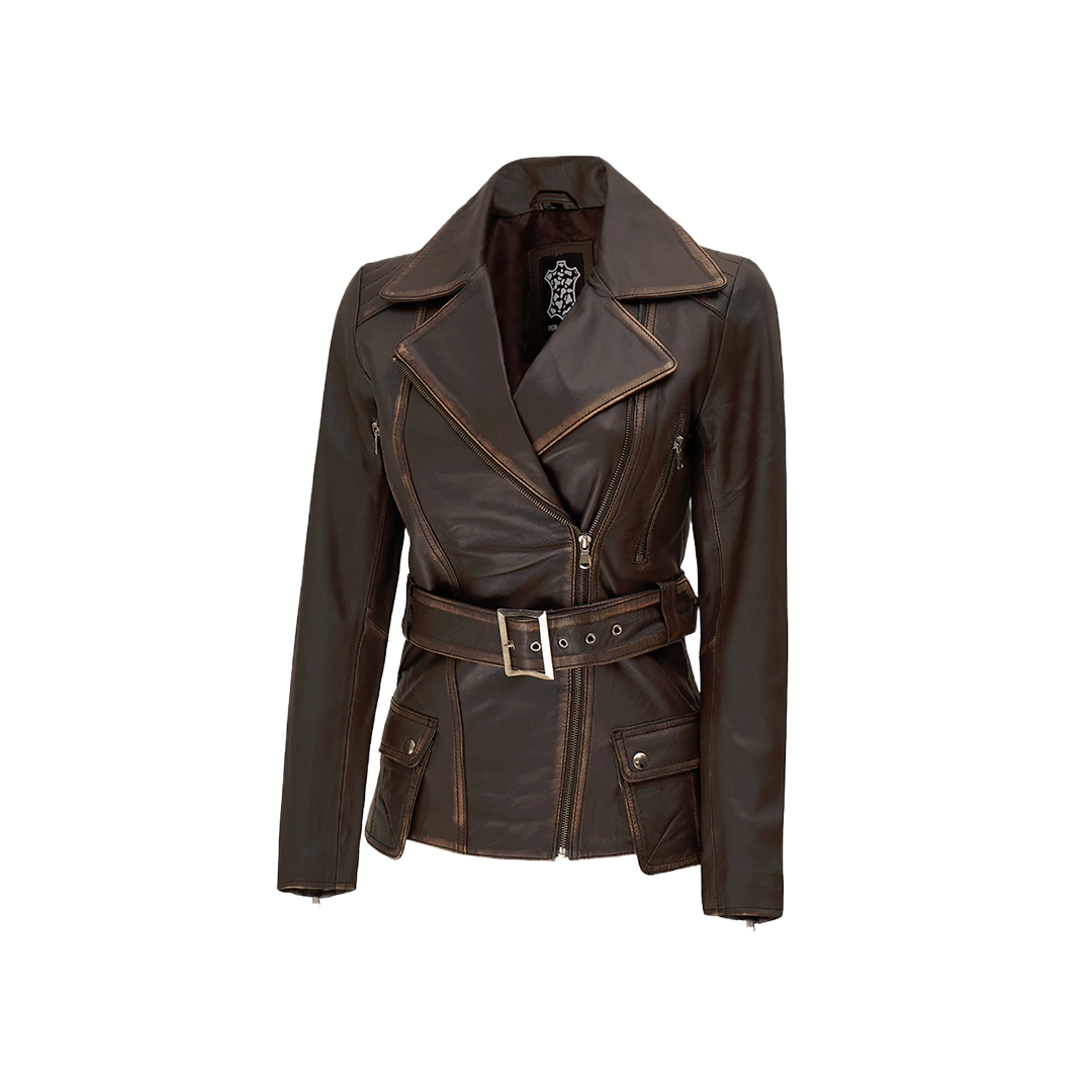 Women's Asymmetrical Distressed Vintage Brown Belted Leather Jacket