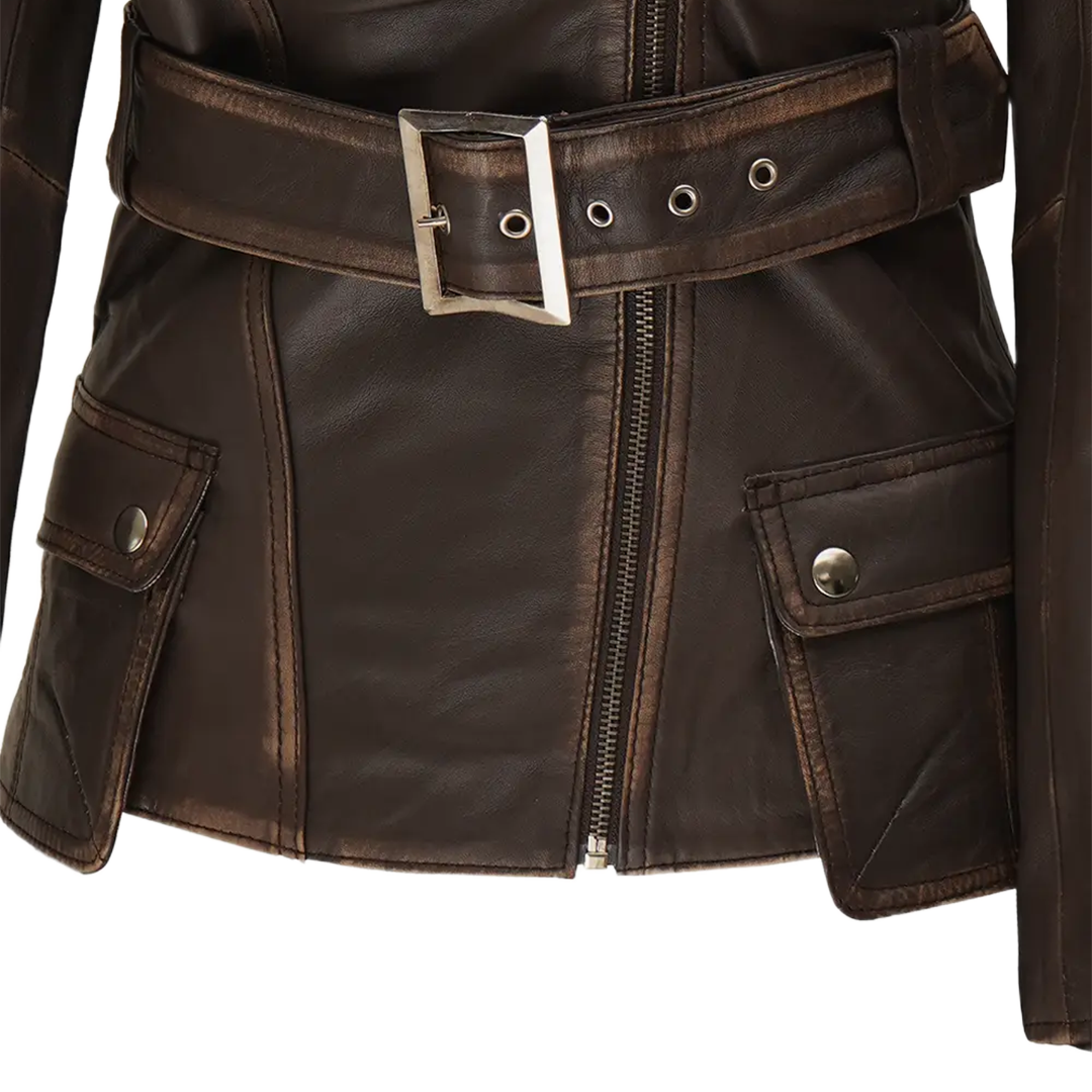 Women's Asymmetrical Distressed Vintage Brown Belted Leather Jacket