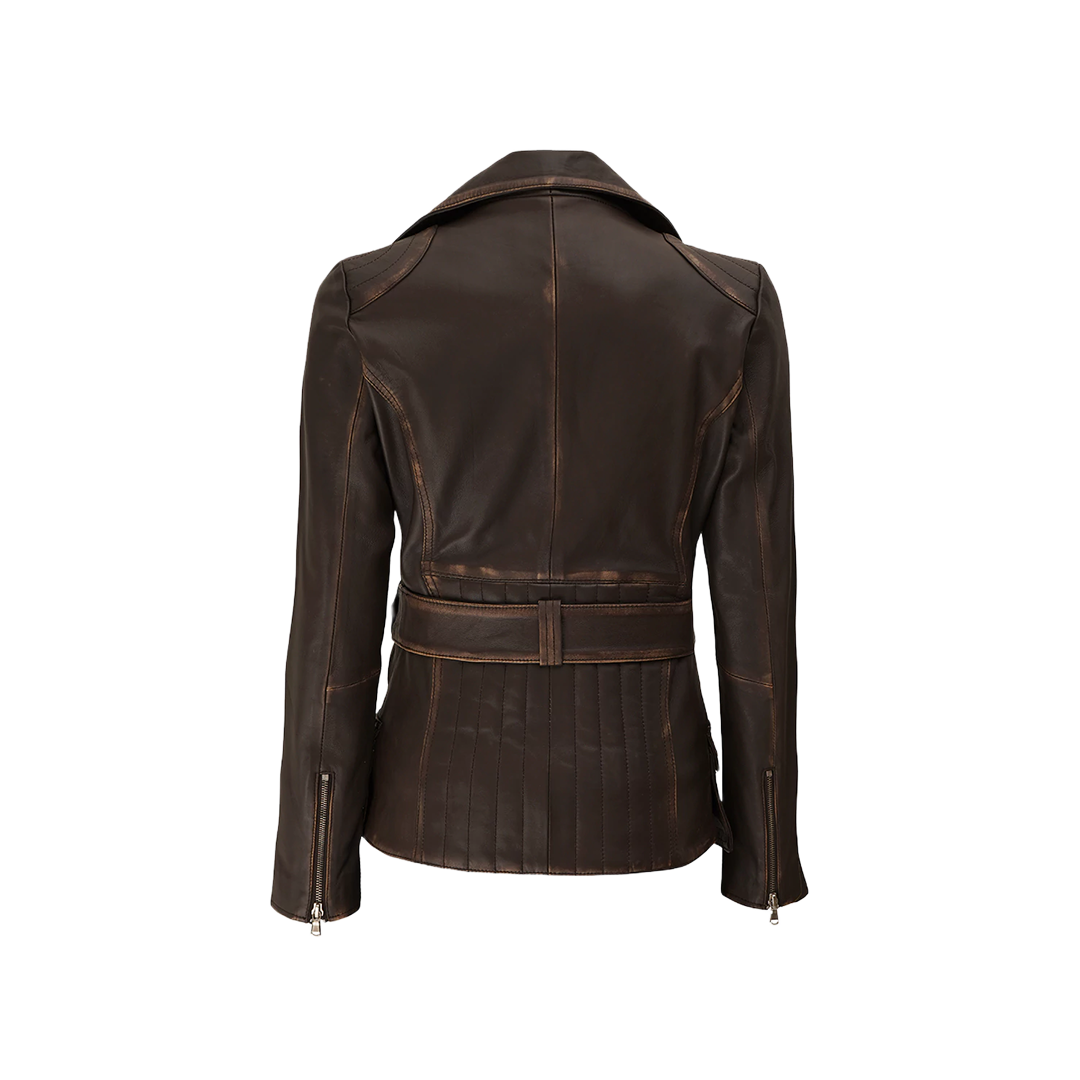 Women's Asymmetrical Distressed Vintage Brown Belted Leather Jacket
