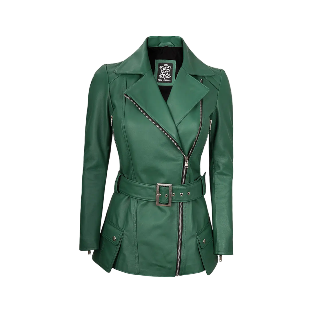 Women's Asymmetrical Green Belted Leather Jacket