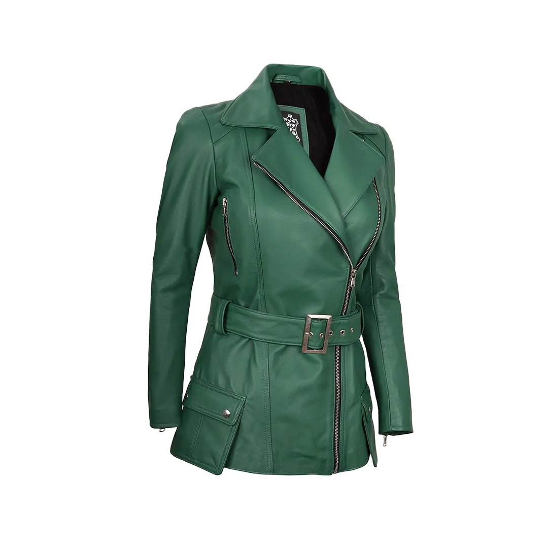 Women's Asymmetrical Green Belted Leather Jacket