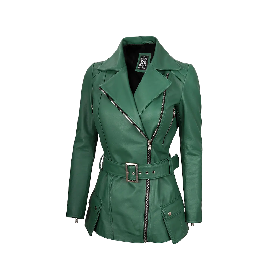 Women's Asymmetrical Green Belted Leather Jacket