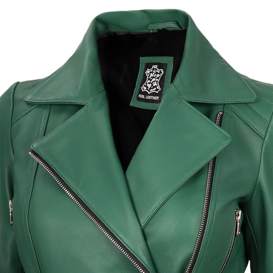 Women's Asymmetrical Green Belted Leather Jacket