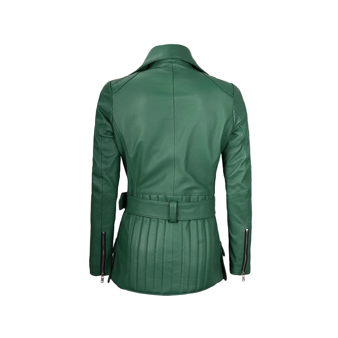 Women's Asymmetrical Green Belted Leather Jacket