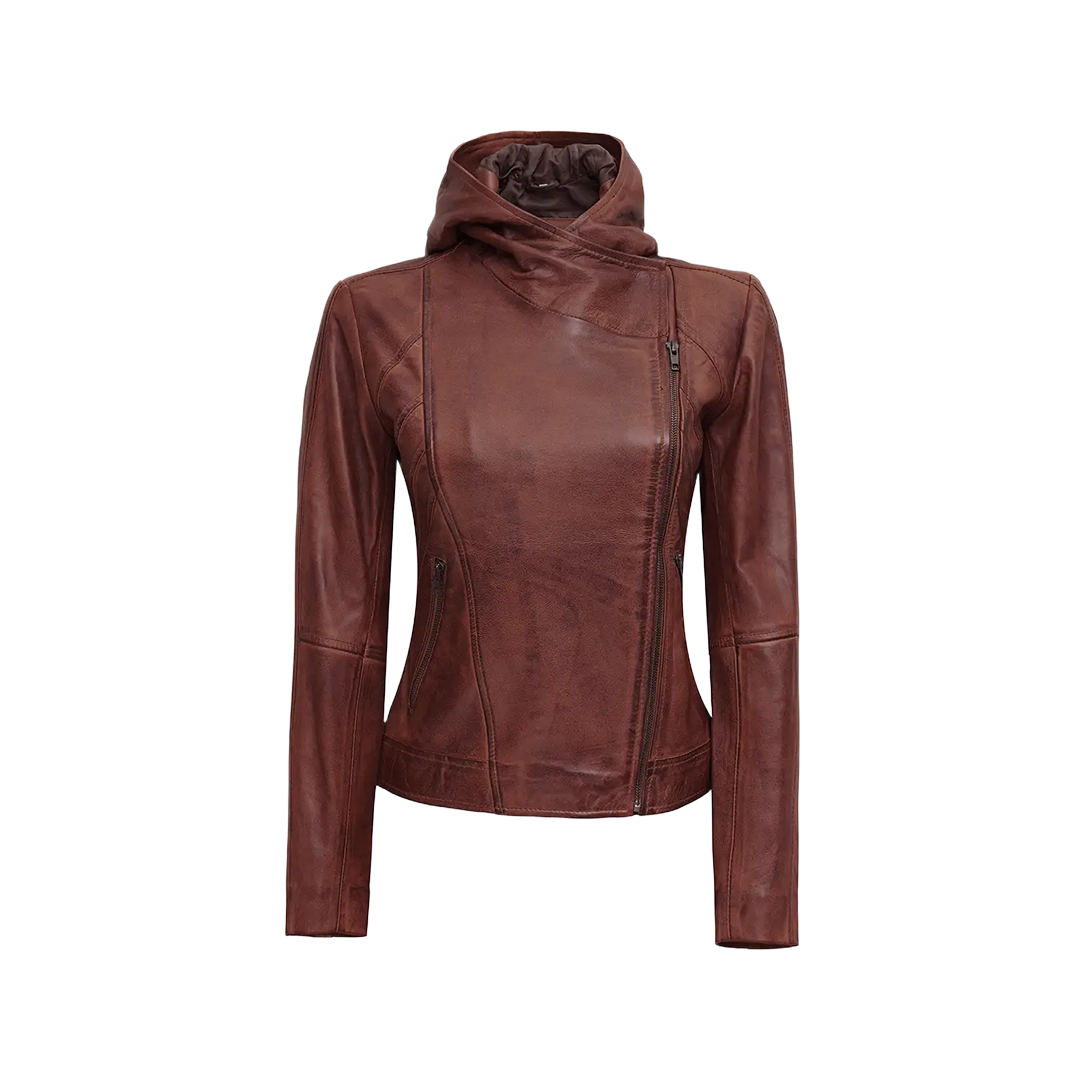 Women's Asymmetrical Motorcycle Leather Jacket with Hood