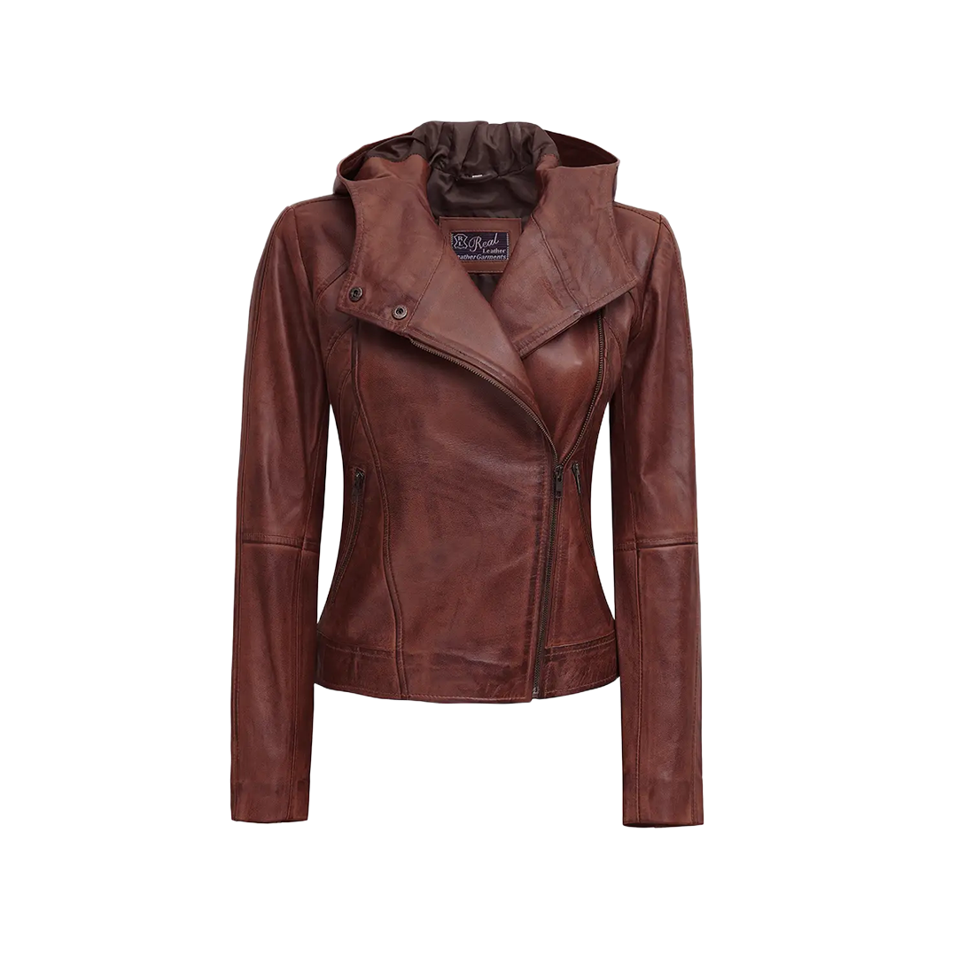 Women's Asymmetrical Motorcycle Leather Jacket with Hood