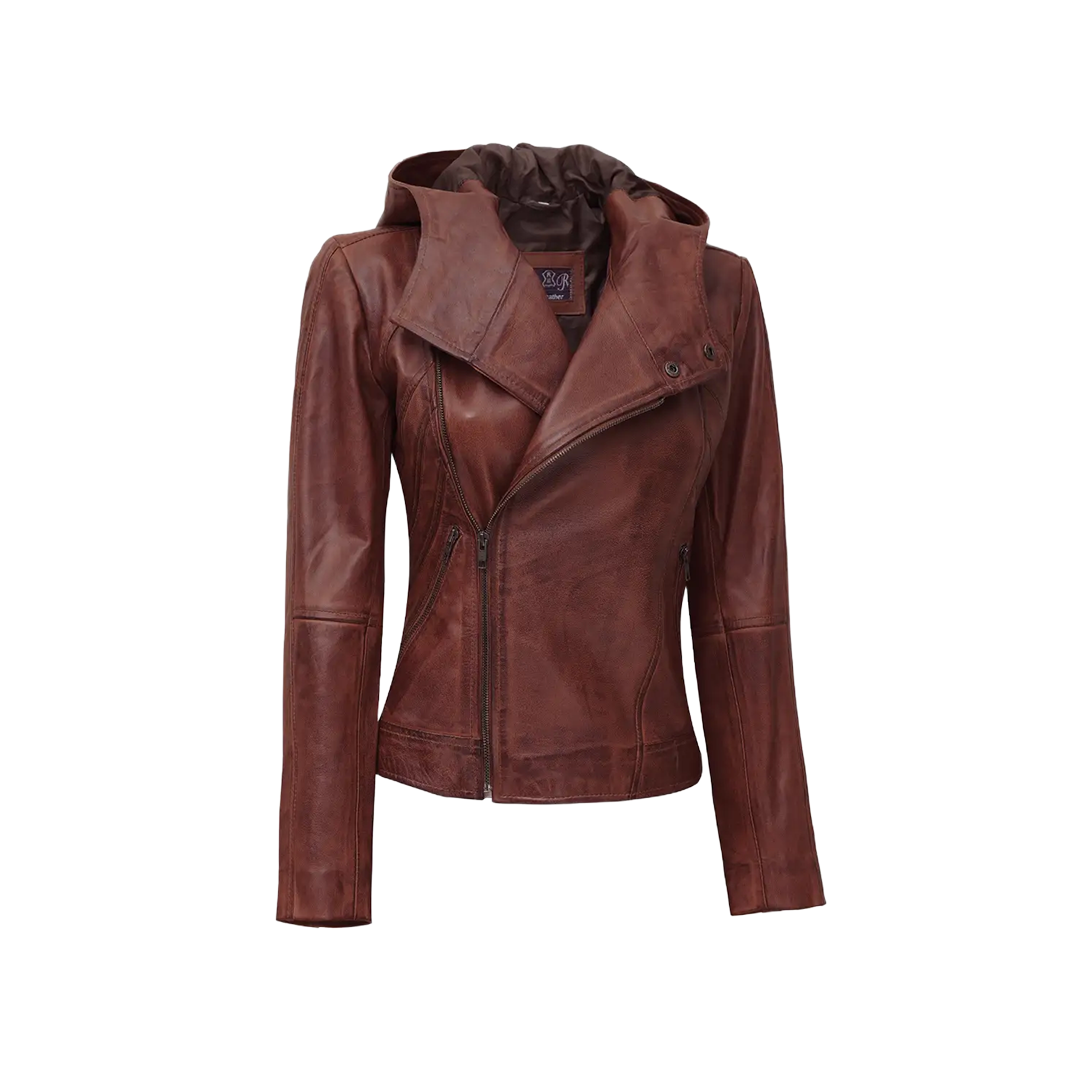 Women's Asymmetrical Motorcycle Leather Jacket with Hood