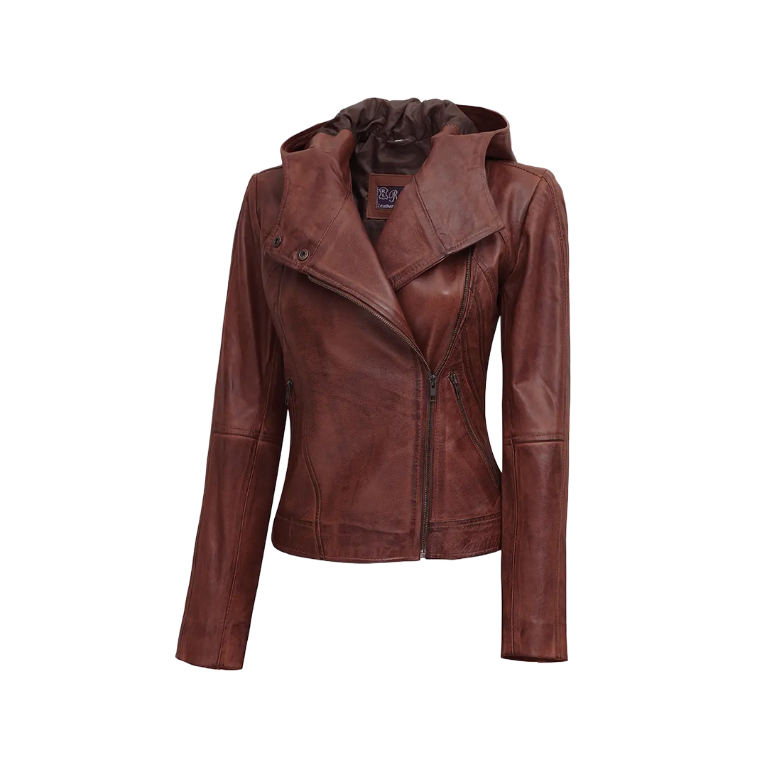 Women's Asymmetrical Motorcycle Leather Jacket with Hood