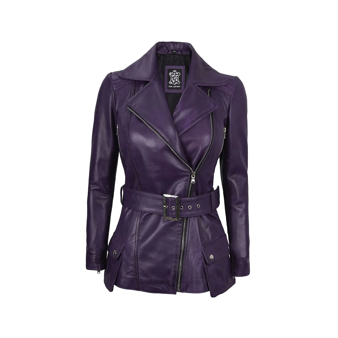Women's Asymmetrical Purple Belted Leather Jacket