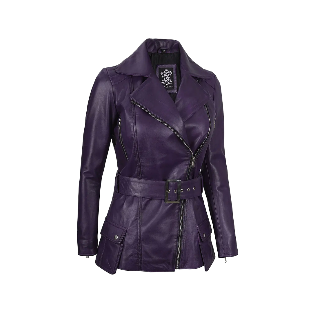 Women's Asymmetrical Purple Belted Leather Jacket