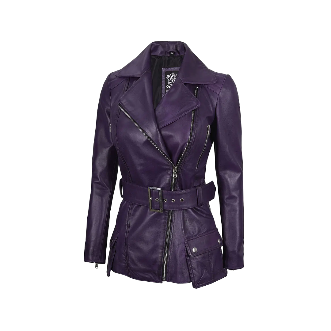 Women's Asymmetrical Purple Belted Leather Jacket