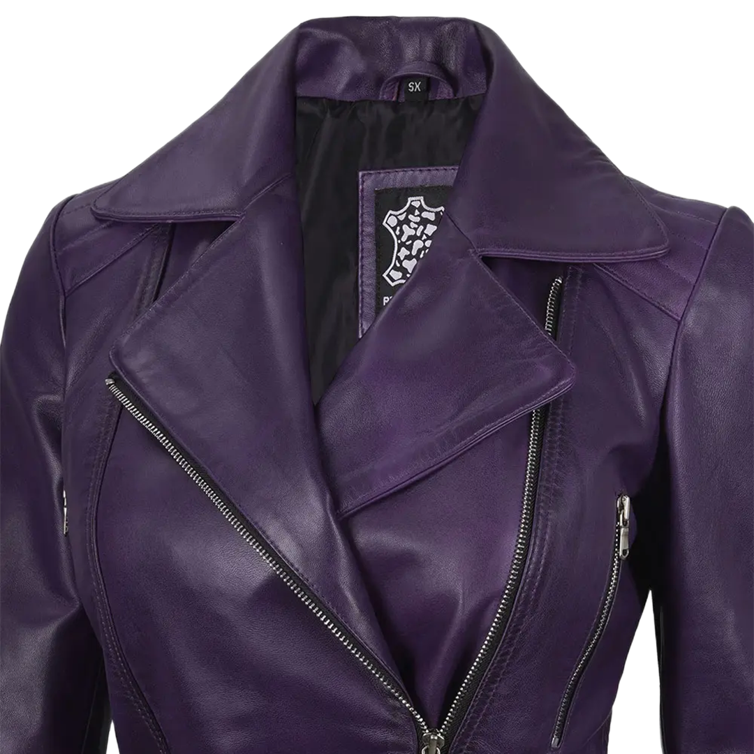 Women's Asymmetrical Purple Belted Leather Jacket