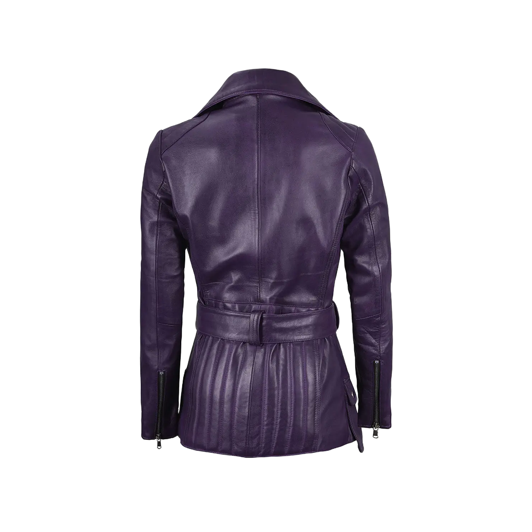 Women's Asymmetrical Purple Belted Leather Jacket