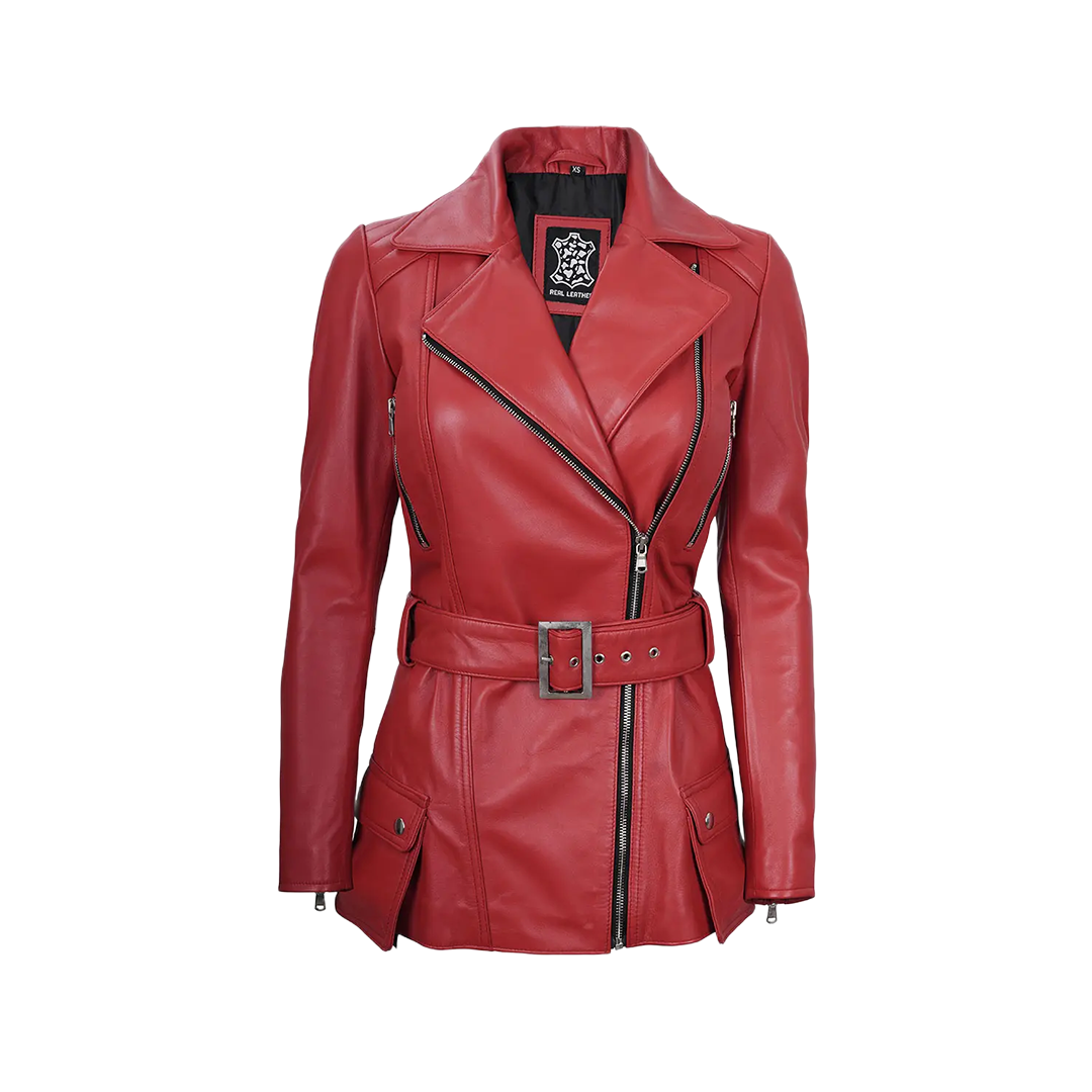 Women's Asymmetrical Red Belted Leather Jacket
