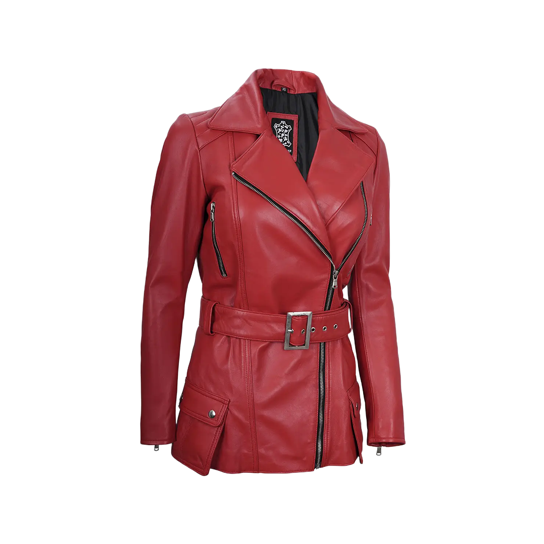 Women's Asymmetrical Red Belted Leather Jacket
