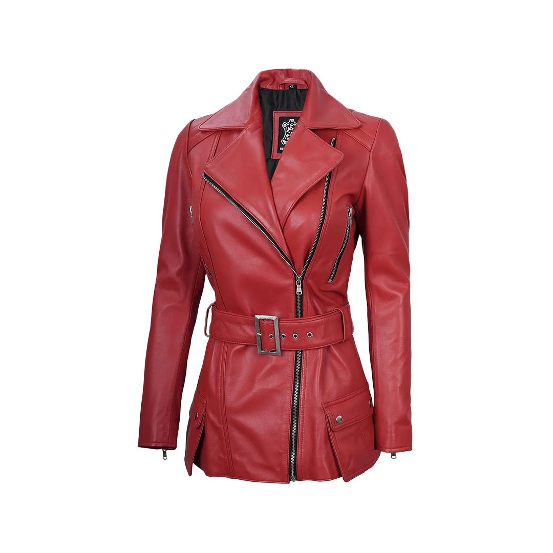 Women's Asymmetrical Red Belted Leather Jacket