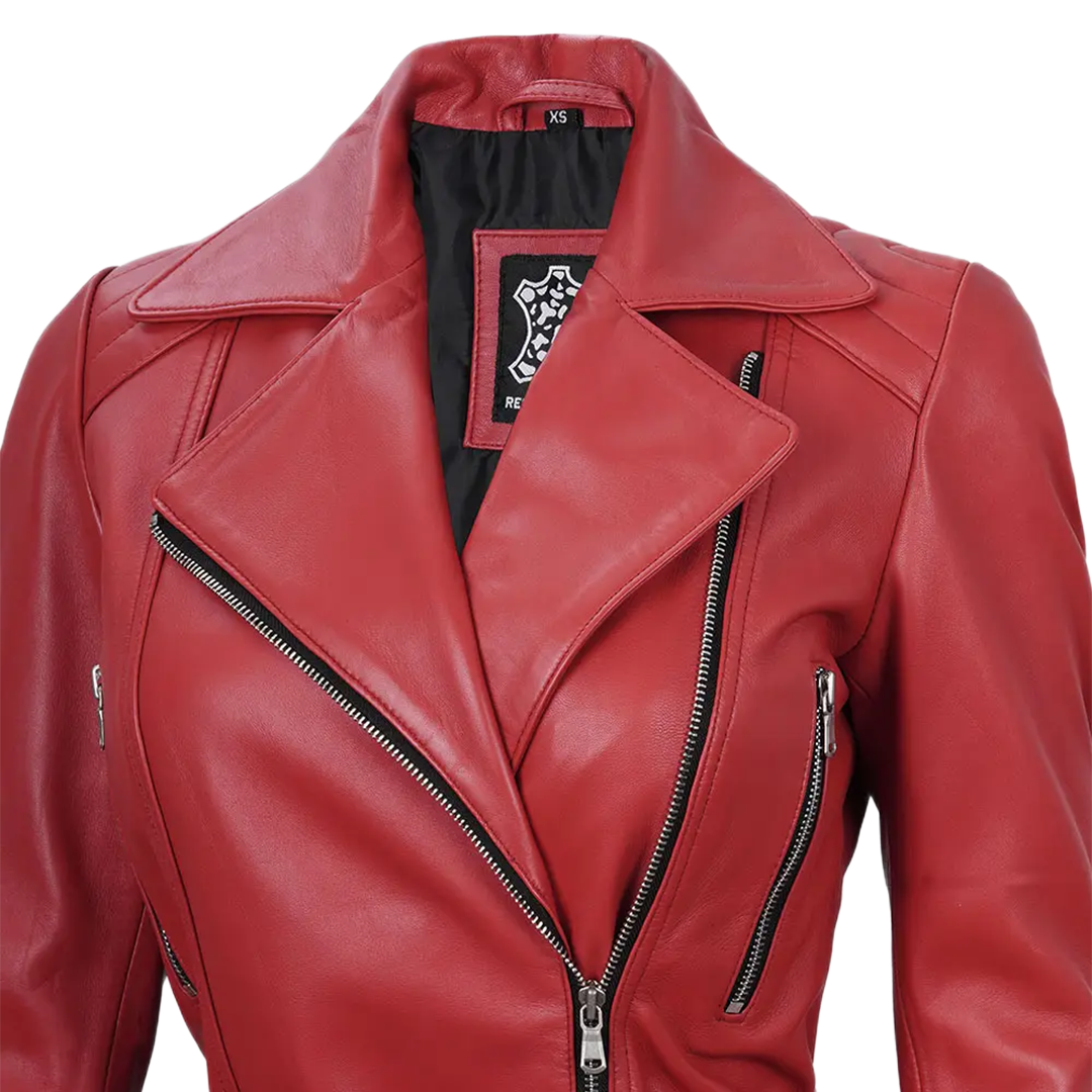 Women's Asymmetrical Red Belted Leather Jacket