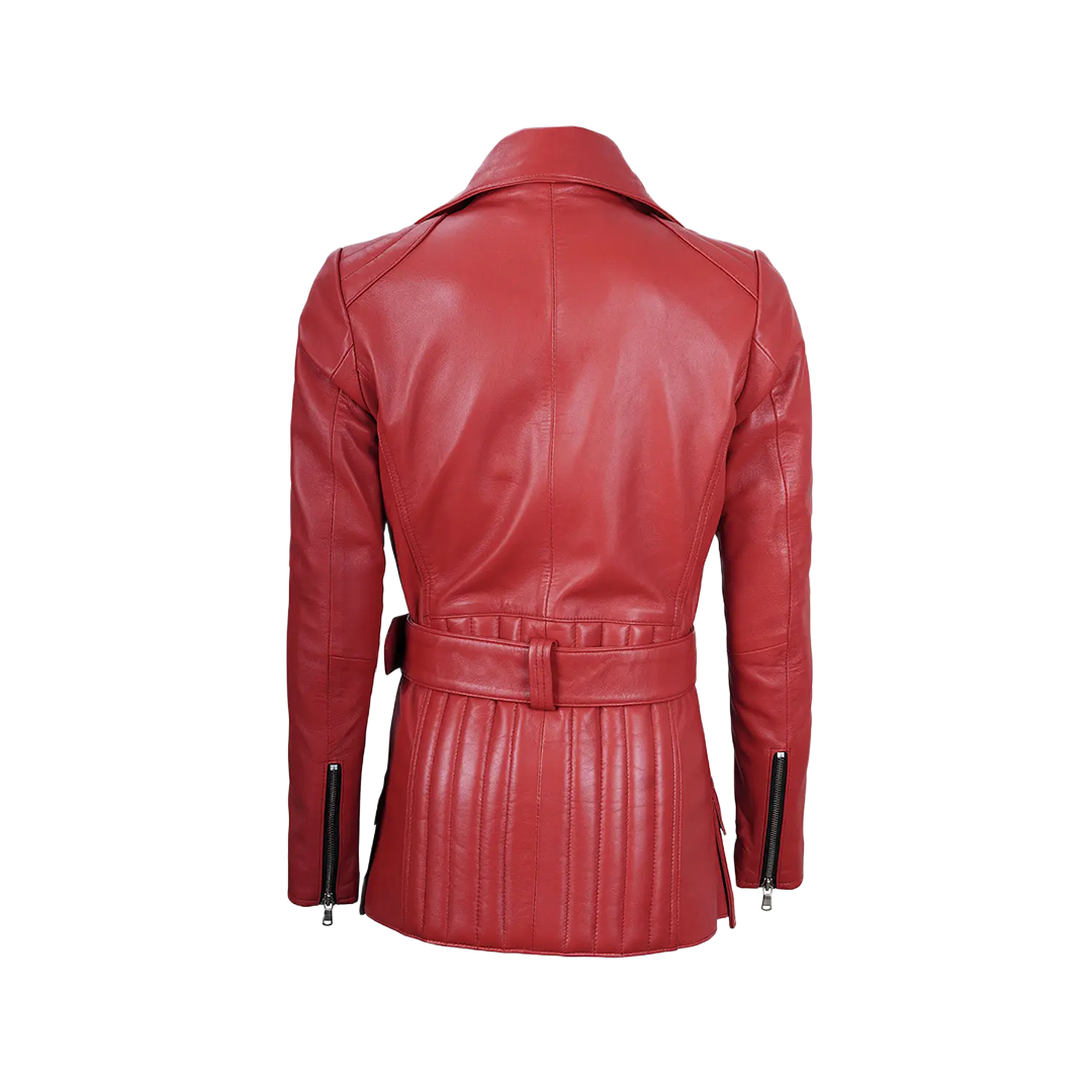 Women's Asymmetrical Red Belted Leather Jacket