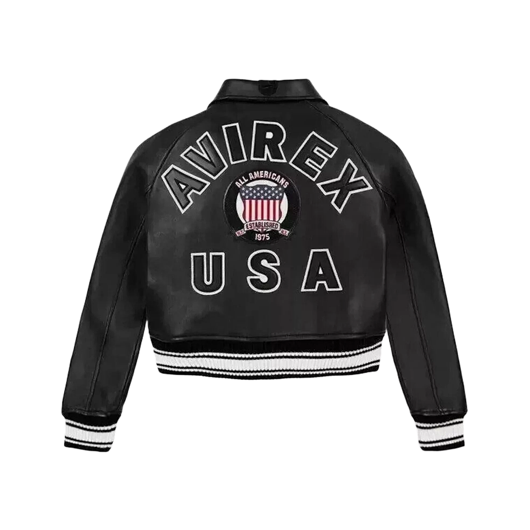 Women's Avirex USA Crop Style Black Icon Cowhide Leather Bomber Biker Jacket