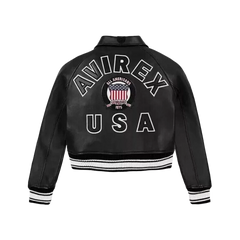 Women's Avirex USA Crop Style Black Icon Cowhide Leather Bomber Biker Jacket