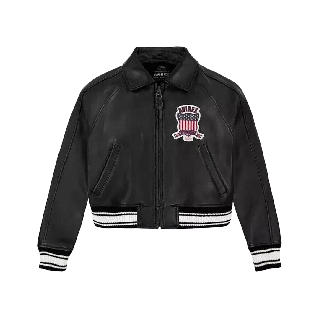 Women's Avirex USA Crop Style Black Icon Cowhide Leather Bomber Biker Jacket