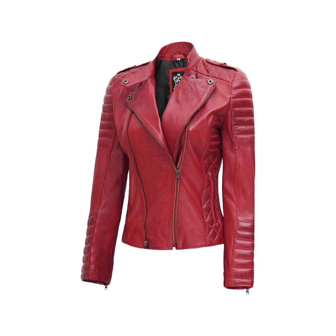 Women's Biker Asymmetrical Red Leather Jacket
