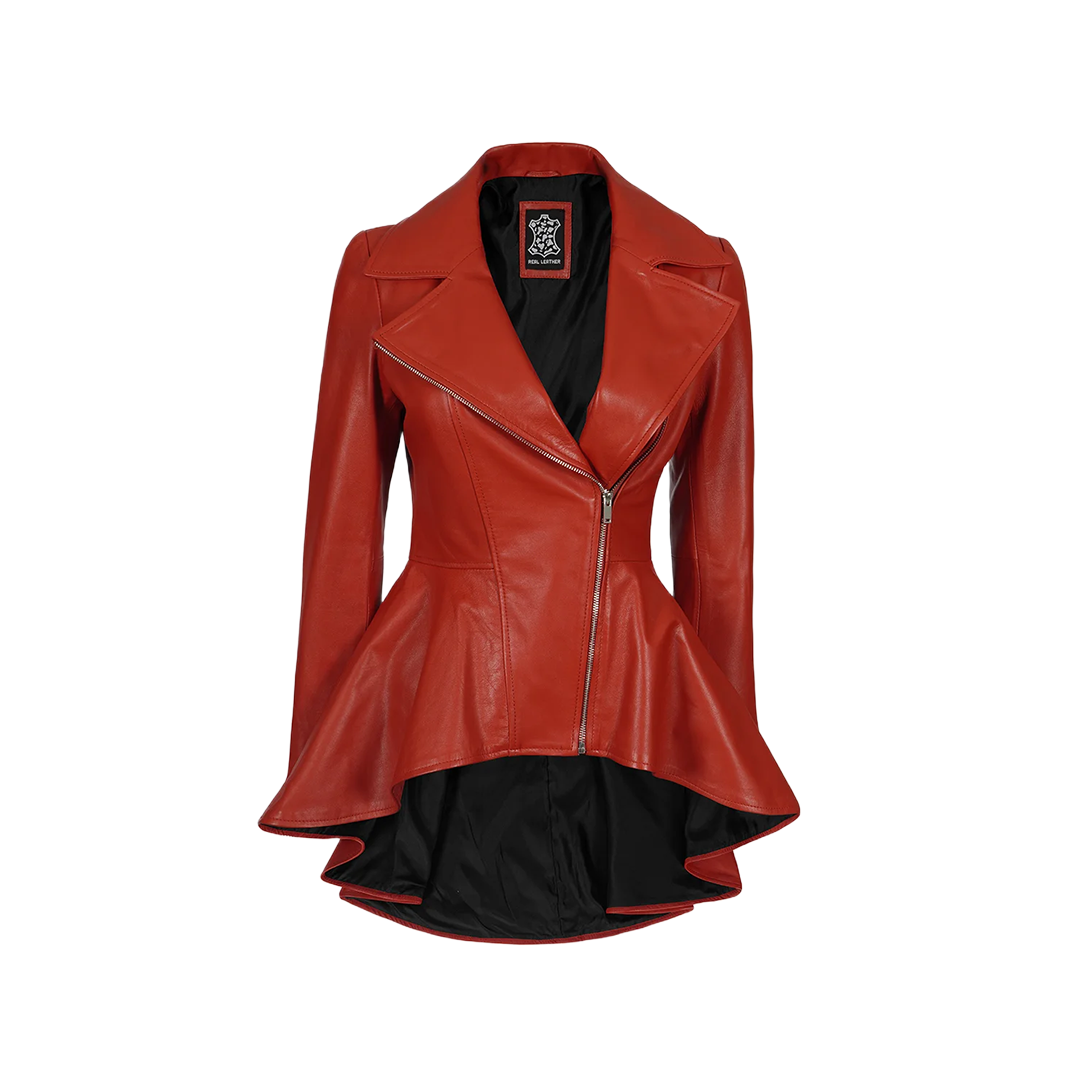 Women's Biker Style Red Leather Peplum Jacket