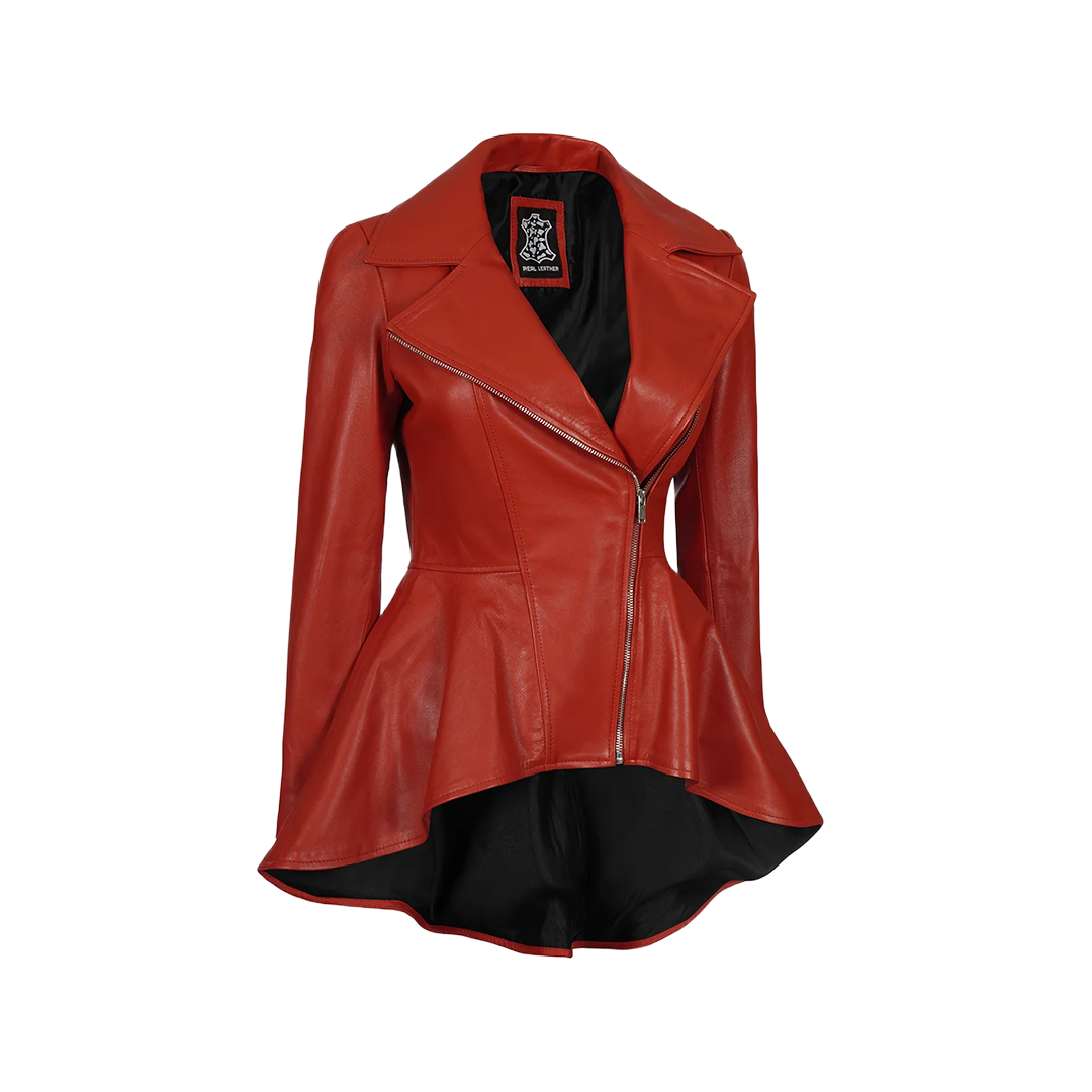 Women's Biker Style Red Leather Peplum Jacket