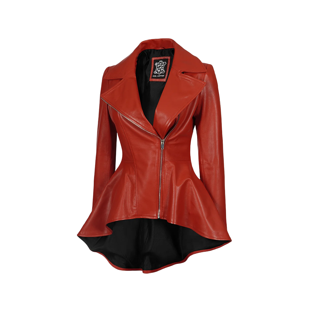 Women's Biker Style Red Leather Peplum Jacket
