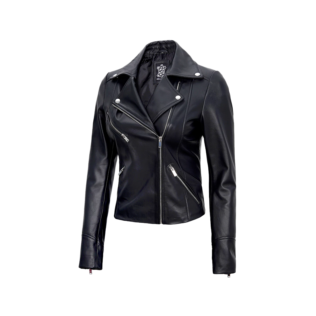 Women's Black Asymmetrical Real Leather Motorcycle Jacket