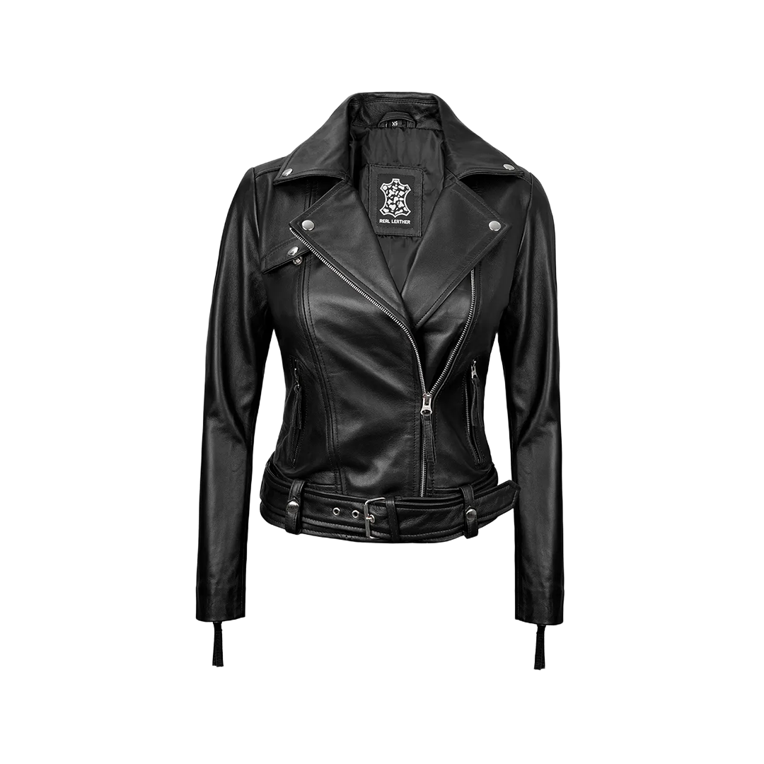 Women's Asymmetrical Black Real Leather Biker Jacket