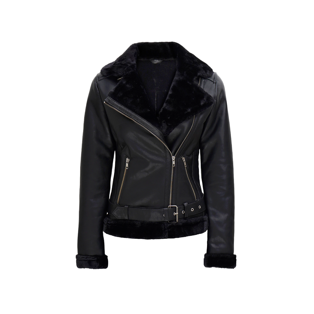 Women's Black Asymmetrical Shearling Leather Jacket