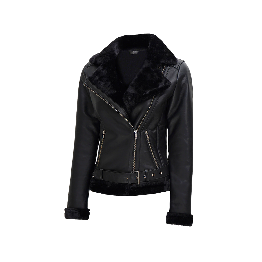 Women's Black Asymmetrical Shearling Leather Jacket