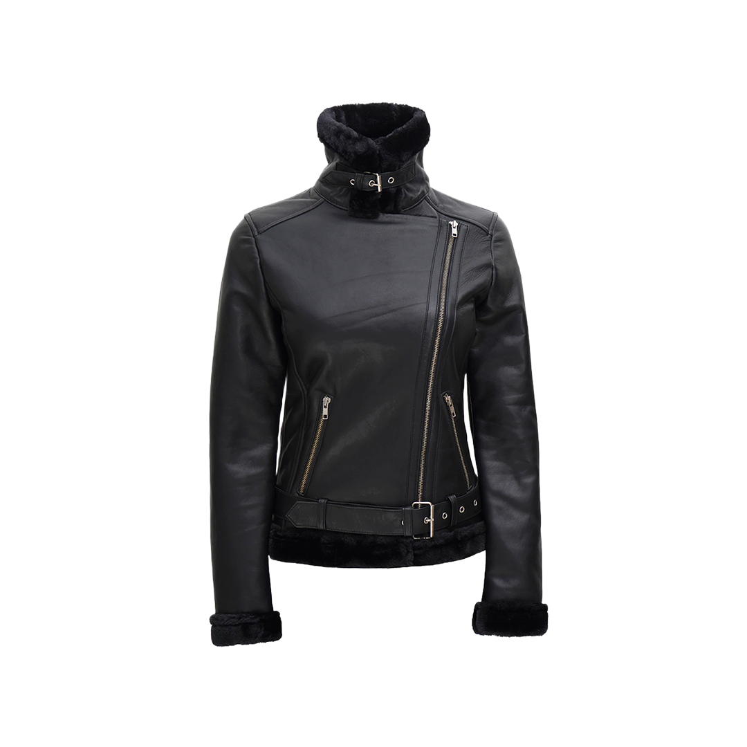 Women's Black Asymmetrical Shearling Leather Jacket