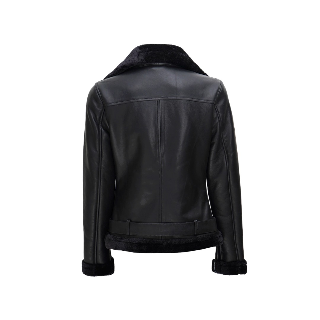 Women's Black Asymmetrical Shearling Leather Jacket