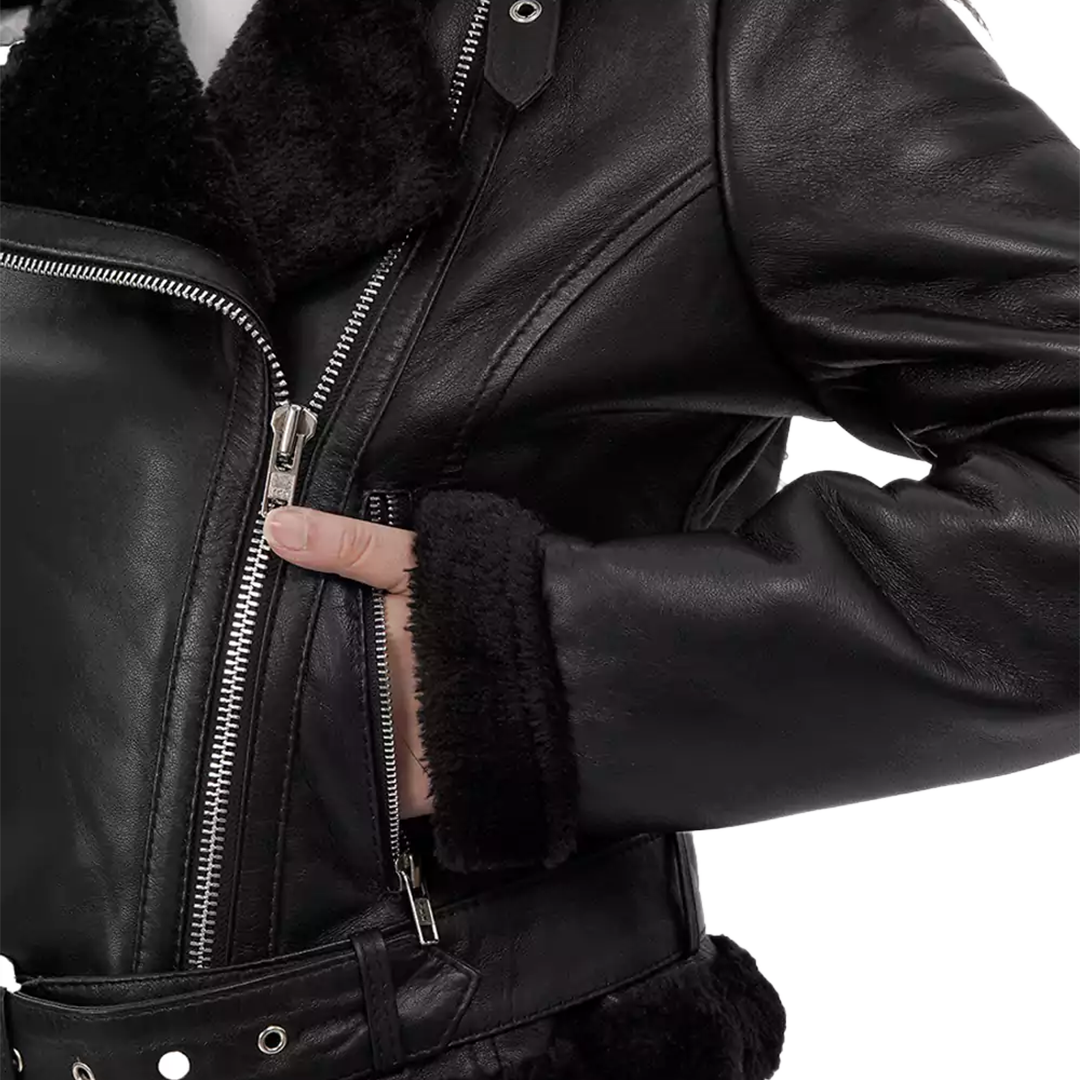 Women's Black Asymmetrical Shearling Leather Jacket