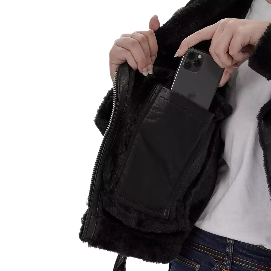 Women's Black Asymmetrical Shearling Leather Jacket