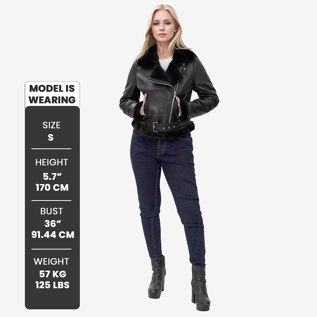Women's Black Asymmetrical Shearling Leather Jacket