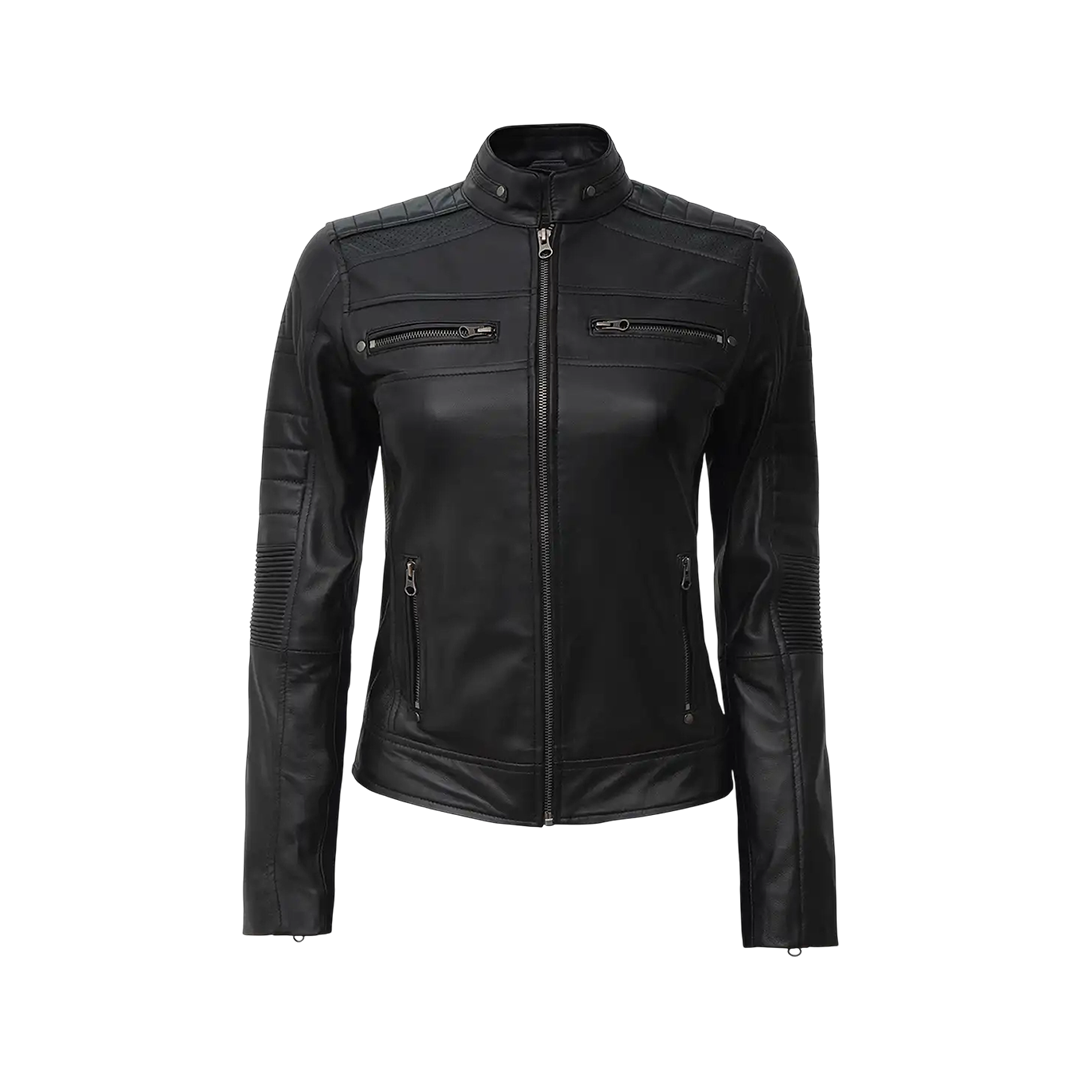 Women's Black Cafe Racer Lightweight Leather Jacket