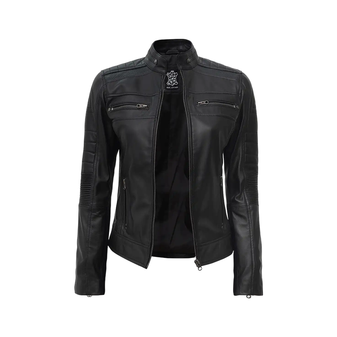 Women's Black Cafe Racer Lightweight Leather Jacket