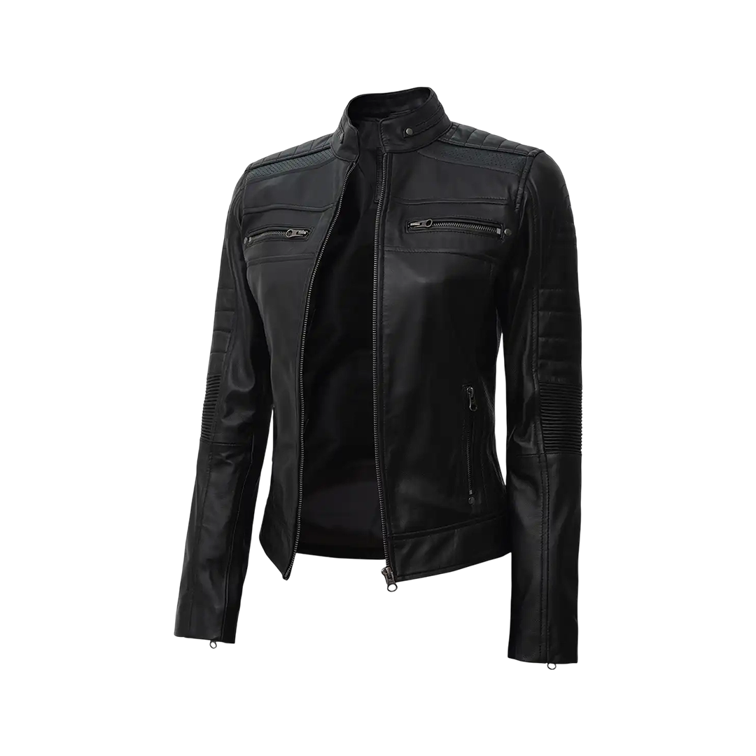 Women's Black Cafe Racer Lightweight Leather Jacket