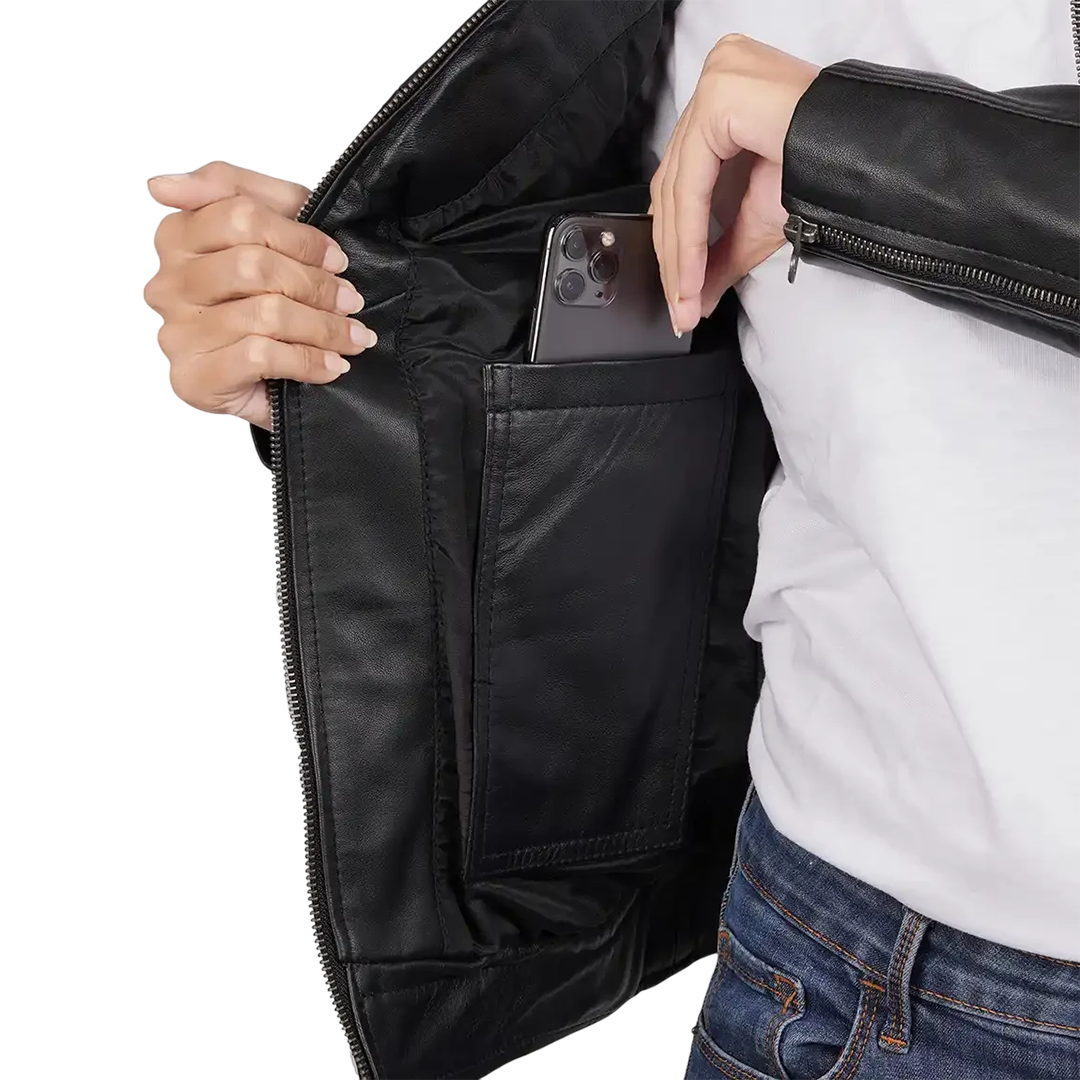 Women's Black Cafe Racer Lightweight Leather Jacket