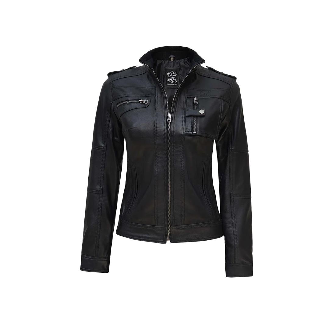 Women's Black Cafe Racer Real Leather Jacket